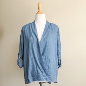 HAYDEN Chambray Wrap Top High Low Blue Large